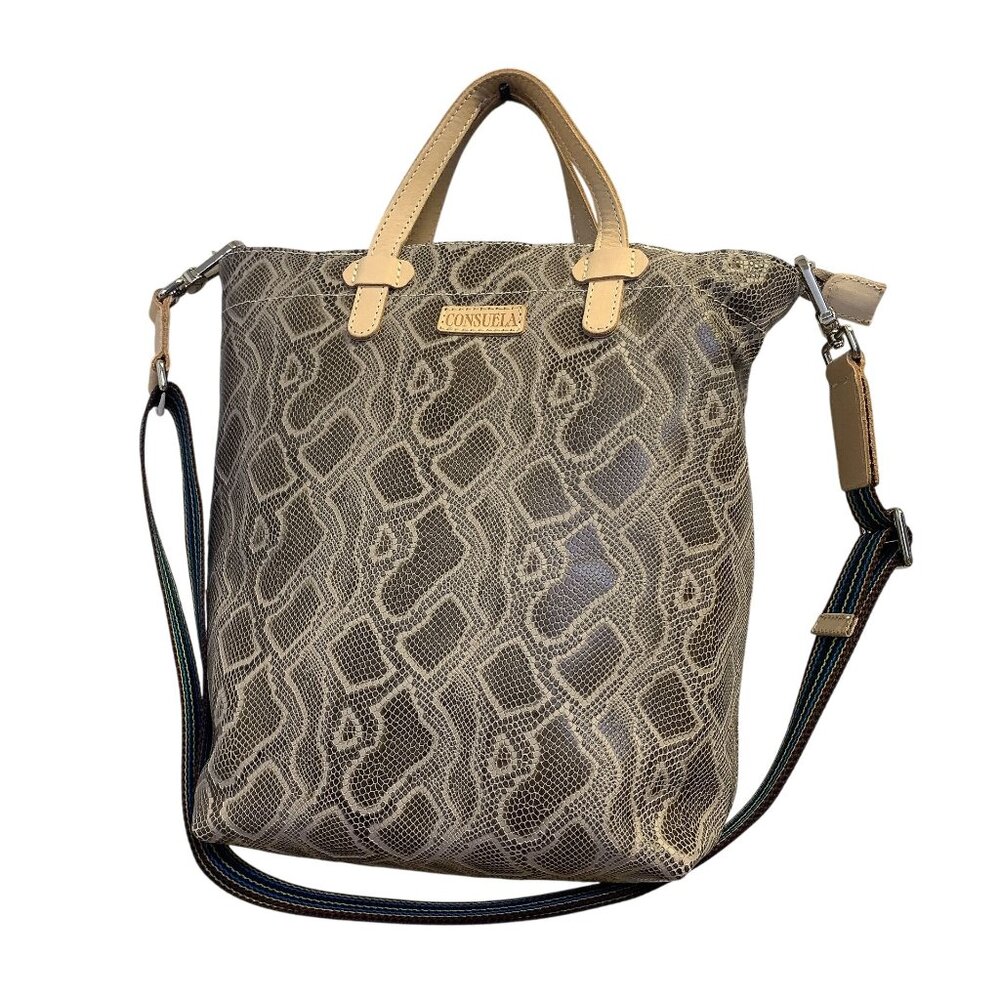 Consuela Snakeskin Print Tote Bag With Detachable Multicolor Strap & Braided Acc - Picture 1 of 7